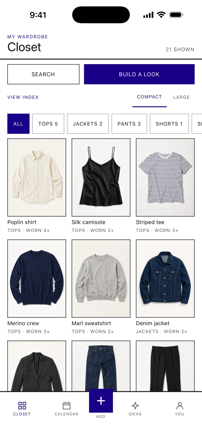 The wardrobe recorded in Velvet Hanger, shown with sample clothes