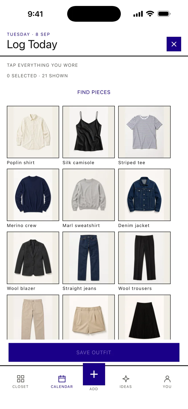 The outfit log in Velvet Hanger, where you select the pieces you wore