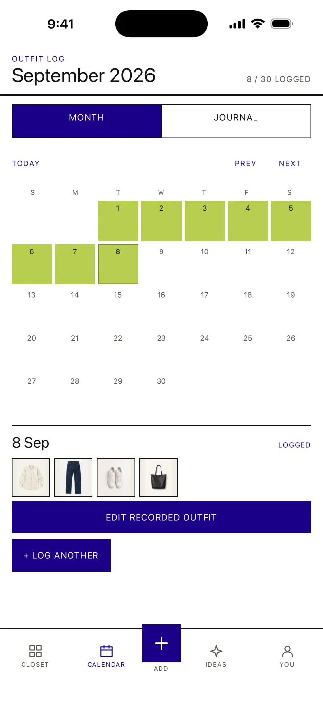 Velvet Hanger's calendar showing a sample month of recorded outfits